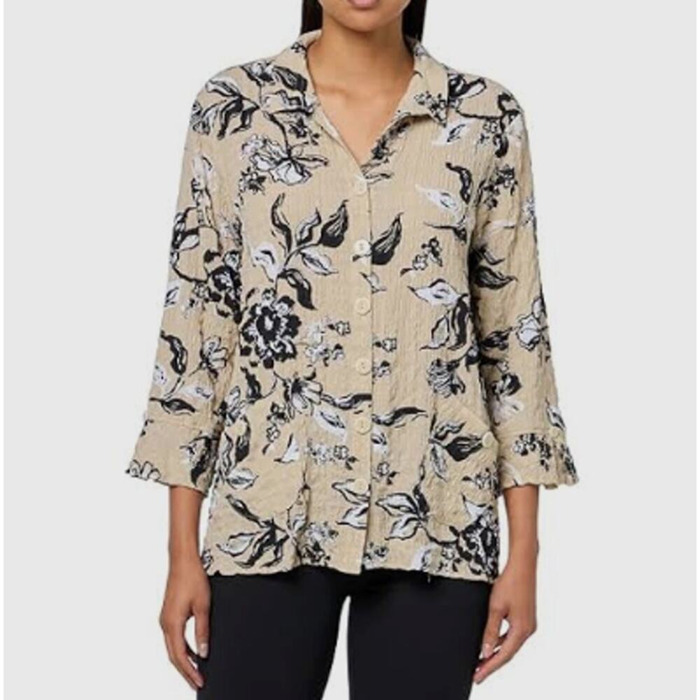Ali Miles Floral Crinkle Textured Shirt Sz XL Wired Collar Lagenlook Art To Wear